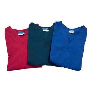 Set of 3 Crest Unisex Scrub Tops – Size S – Red, Teal, Blue – 2-Pocket V-Neck Me